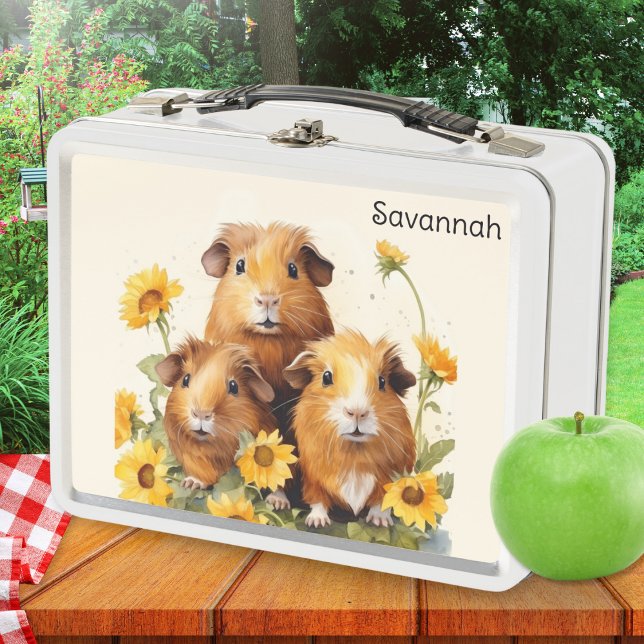 Cute Guinea Pigs Flowers Pretty Pet Animal Themed Metal Lunch Box (A personalized metal lunch box with watercolor-style illustration of three cute guinea pigs)