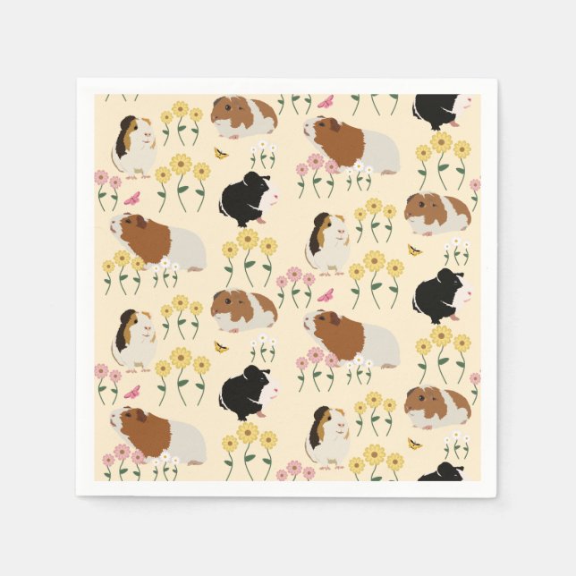Cute Guinea Pigs In Flower Garden Pattern - Yellow Napkin (Front)