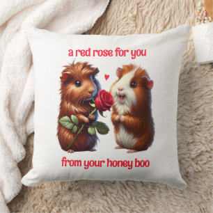 Cute Guinea Pigs in Love Exchange a Red Rose Cushion