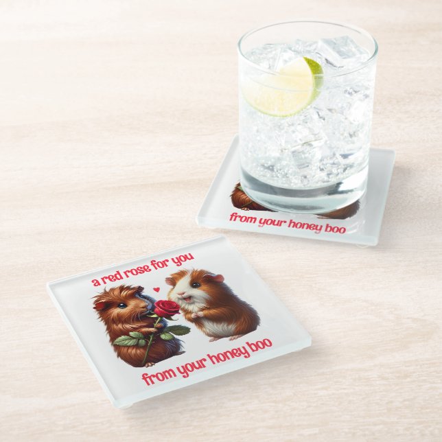 Cute Guinea Pigs in Love Exchange a Red Rose Glass Coaster (Angled)
