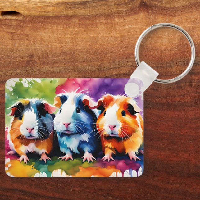Cute guinea pigs with splashes of colour, custom key ring (Front)