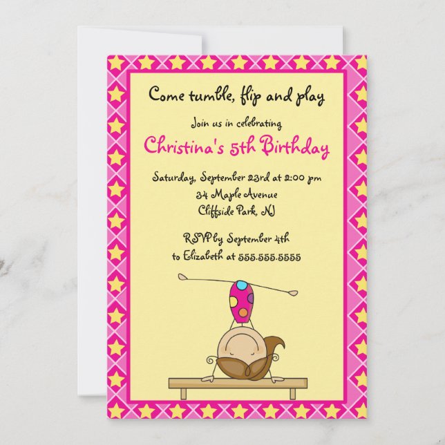Cute Gymnastic Birthday Party Invitations (Front)