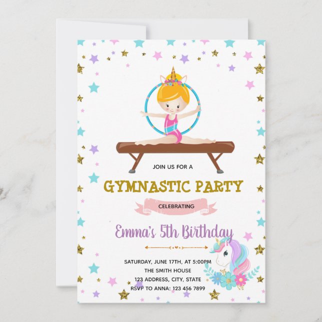 Cute gymnastic unicorn party invitation (Front)