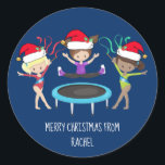 Cute Gymnastics Christmas Custom Gymnast Classic Round Sticker<br><div class="desc">This beautiful gymnastics Christmas sticker features 3 cute gymnast girls wearing Santa hats and holding a pose with ribbons on a pretty blue holiday background. The blonde is holding a red ribbon,  the brunette is jumping on a trampoline,  and the African American girl is holding a green ribbon.</div>