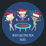 Cute Gymnastics Christmas Custom Gymnast Classic Round Sticker<br><div class="desc">This beautiful gymnastics Christmas sticker features 3 cute gymnast girls wearing Santa hats and holding a pose with ribbons on a pretty blue holiday background. The blonde is holding a red ribbon,  the brunette is jumping on a trampoline,  and the African American girl is holding a green ribbon.</div>