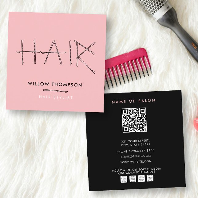 Cute Hairdresser Black Pink Bobby Pins Hair  Square Business Card (Cute Hairdresser Black Pink Bobby Pins Hair Square Business Card)
