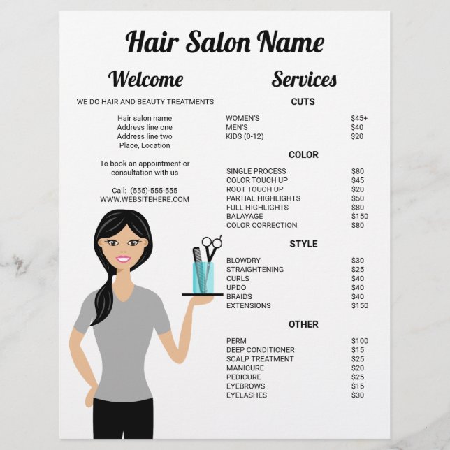 Cute Hairdresser Woman Drawing Hair Salon Menu (Front)
