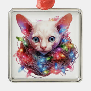 CUTE HAIRLESS HOLIDAY CHRISTMAS KITTEN WITH LIGHTS METAL ORNAMENT