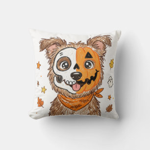 Cute Half Skeleton Half Pumpkin Dog Halloween Colo Cushion
