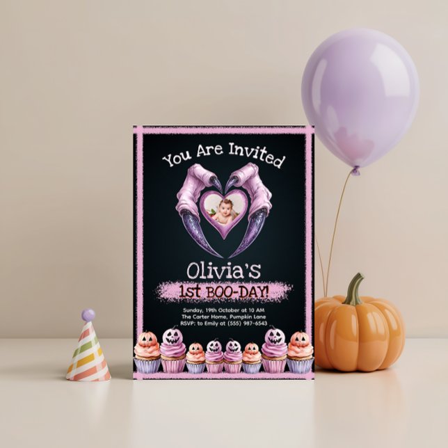 Cute Halloween 1st Birthday Invitation (Cute Halloween 1st Birthday Invitation with photo template and spooky cupcakes)