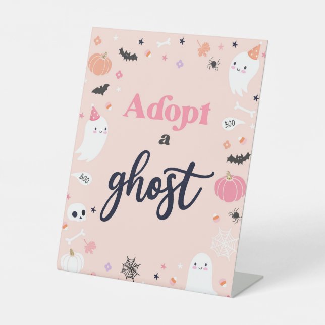 Cute Halloween Adopt A Ghost Birthday Party Decor Pedestal Sign (Front)