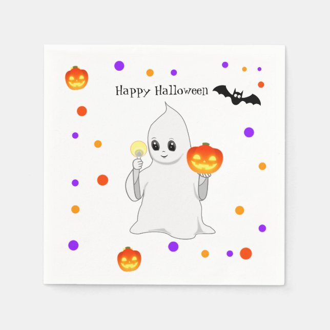 Cute Halloween Baby Ghost & Pumpkins on White Napkin (Front)