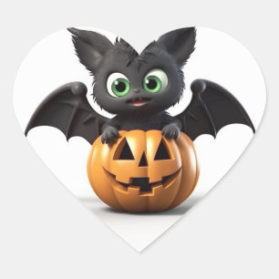 Cute halloween bat on pumpkin heart sticker
