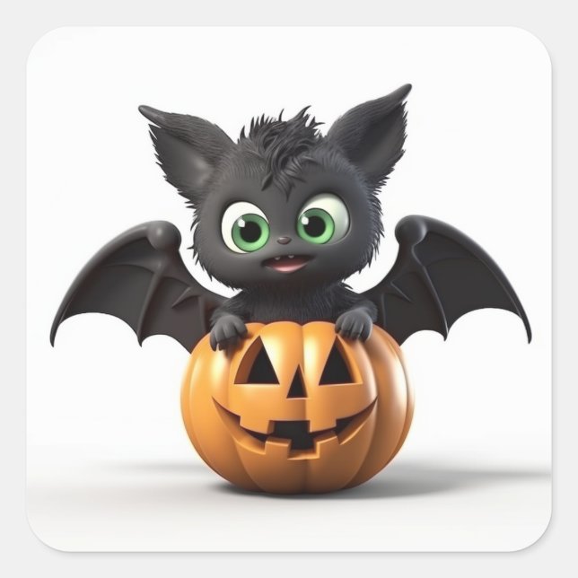 Cute halloween bat on pumpkin square sticker (Front)