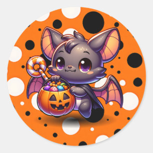 Cute Halloween Bat with Pumpkin Basket Classic Round Sticker