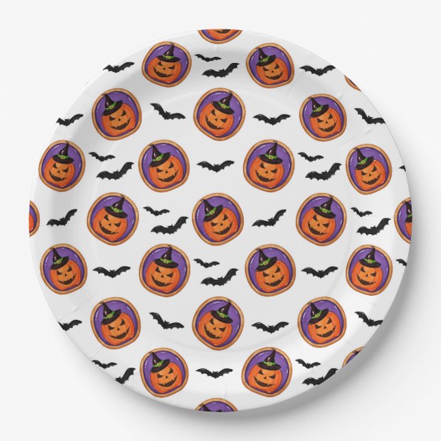 Cute Halloween Bats & Jack-O-Lantern Paper Plate (Front)