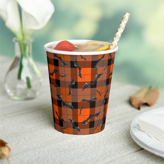 Cute Halloween Bats On Plaid Paper Cups (Insitu)