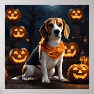 Cute Halloween Beagle Dog Puppy in Costume Pumpkin Poster