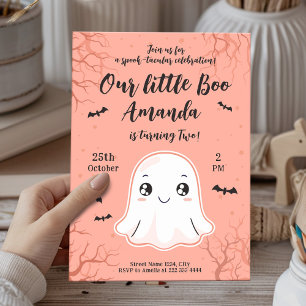 Cute Halloween Birthday with Kawaii Ghost & Bats Invitation