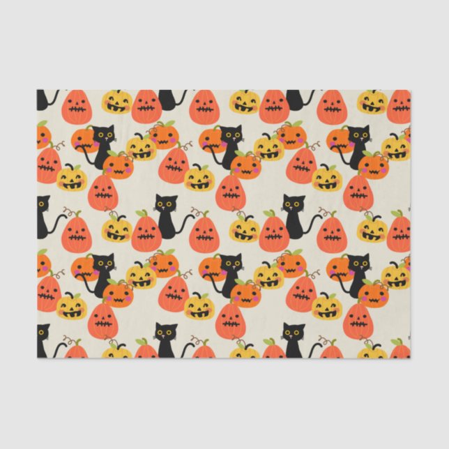 Cute Halloween Black Cat and Carved Pumpkins Tissue Paper (Front)