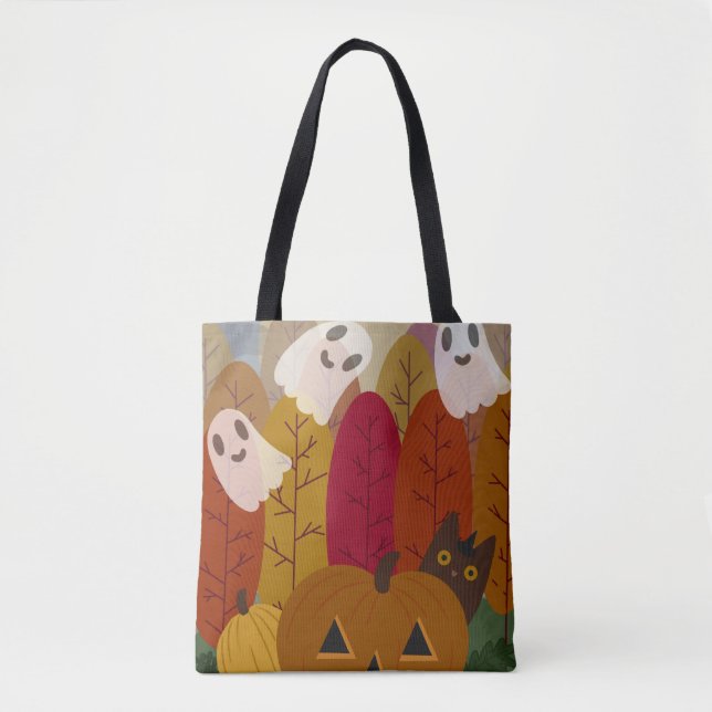 Cute Halloween Black Cat and Ghosts Autumn Pumpkin Tote Bag (Front)