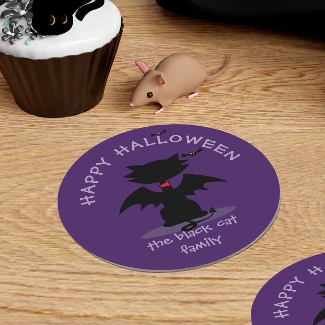 Cute Halloween Black Cat Bat Party Paper Coaster (Happy Halloween! Here's the purple party coasters you will need. A cat bat with your family name)