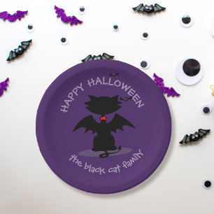 Cute Halloween Black Cat Bat Wings Paper Plates