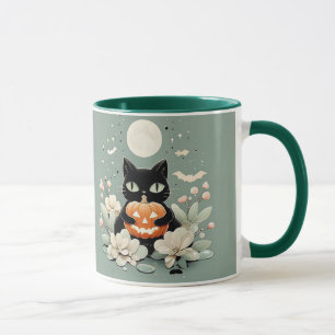 Cute Halloween Black Cat, Full Moon & Pumpkin Mug