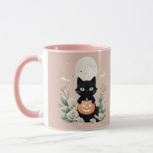 Cute Halloween Black Cat, Full Moon & Pumpkin Mug