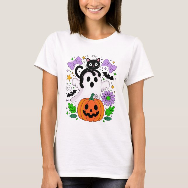 Cute Halloween Black Cat Ghost and Pumpkin Art T-Shirt (Front)