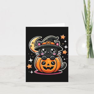 Cute Halloween Black Cat In Pumpkin With Witch Hat Card