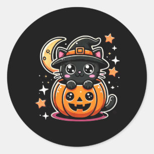 Cute Halloween Black Cat In Pumpkin With Witch Hat Classic Round Sticker