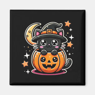 Cute Halloween Black Cat In Pumpkin With Witch Hat Magnet