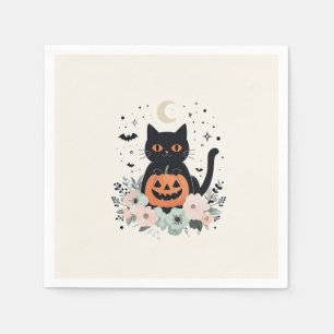 Cute Halloween Black Cat, Moon & Pumpkin Napkin