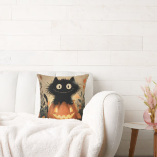 Cute Halloween Black Cat on a Jack-o'-Lantern Cushion