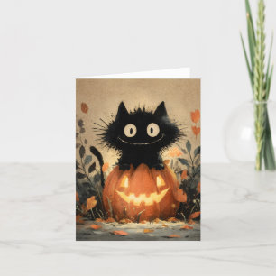 Cute Halloween Black Cat on a Jack-o'-Lantern Holiday Card