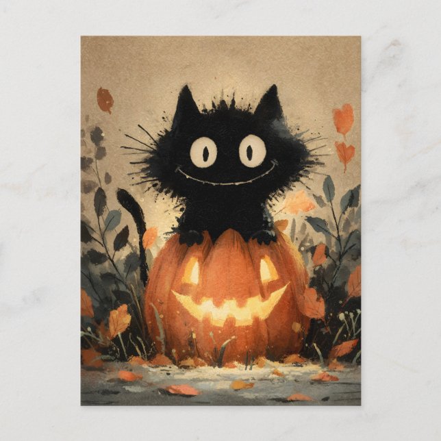 Cute Halloween Black Cat on a Jack-o'-Lantern Holiday Postcard (Front)