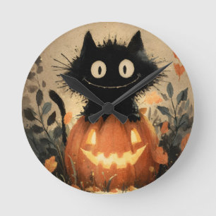 Cute Halloween Black Cat on a Jack-o'-Lantern Round Clock