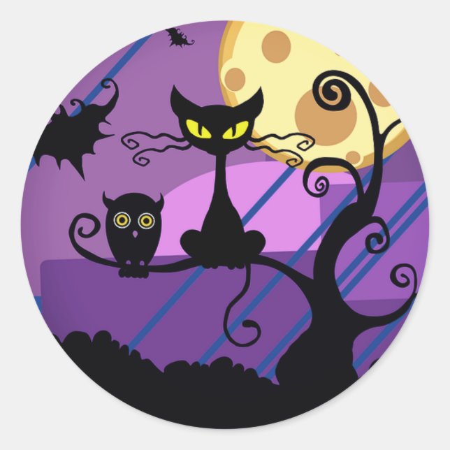 Cute Halloween Black Cat/Owl & Spooky Tree Sticker (Front)