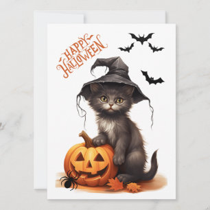 Cute Halloween Black Cat, Pumpkin and Spider Card
