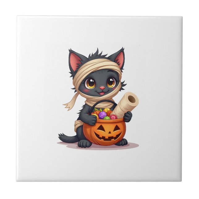 Cute Halloween Black Cat Pumpkin Trick or Treat Gi Ceramic Tile (Front)