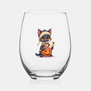Cute Halloween Black Cat Pumpkin Trick or Treat Gi Stemless Wine Glass
