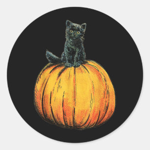 Cute Halloween Black Cat Sitting On Orange Pumpkin Classic Round Sticker