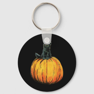 Cute Halloween Black Cat Sitting On Orange Pumpkin Key Ring
