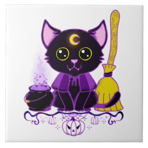 Cute Halloween Black Cat Witch Ceramic Tile