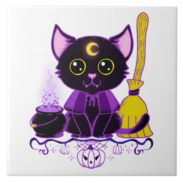 Cute Halloween Black Cat Witch Ceramic Tile (Front)