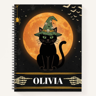 Cute Halloween Black Cat Witch Custom Name Noteboo Notebook