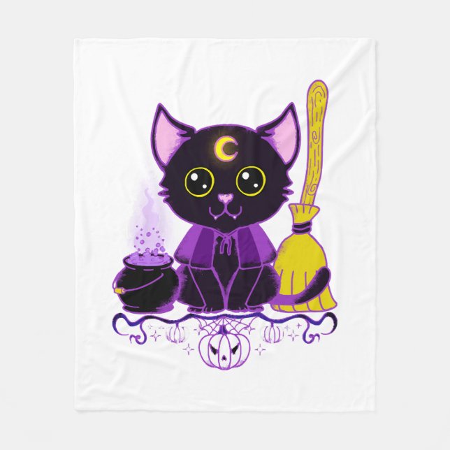 Cute Halloween Black Cat Witch Fleece Blanket (Front)