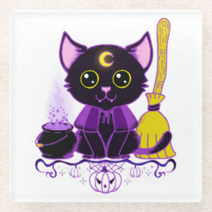 Cute Halloween Black Cat Witch Glass Coaster