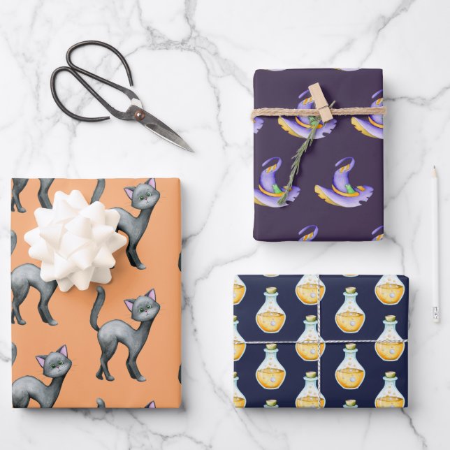 Cute Halloween Black Cat Witch Hat Potion Wrapping Paper Sheet (Front)